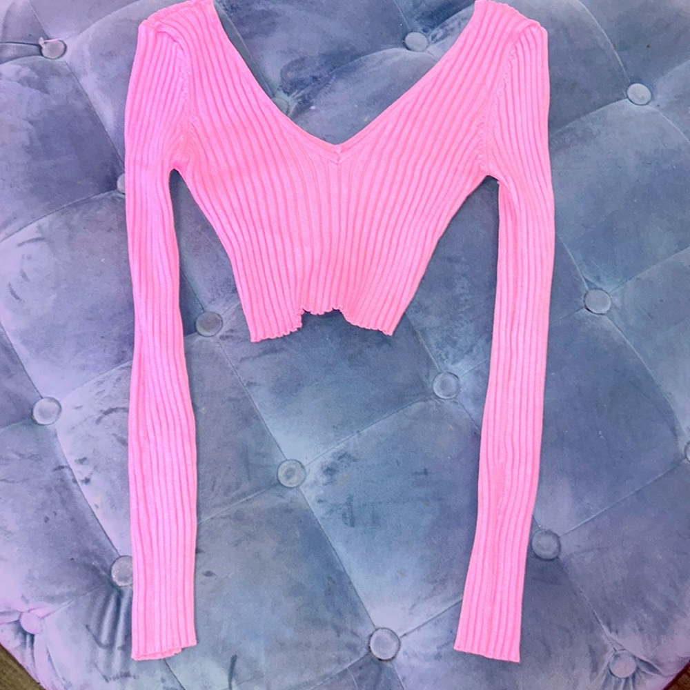 Dolls Kill Pink Ribbed V-Neck Cropped Long Sleeve Top